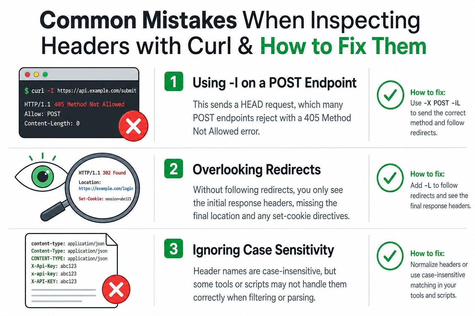 An infographic showing common mistakes when inspecting headers using curl commands and how to fix them.