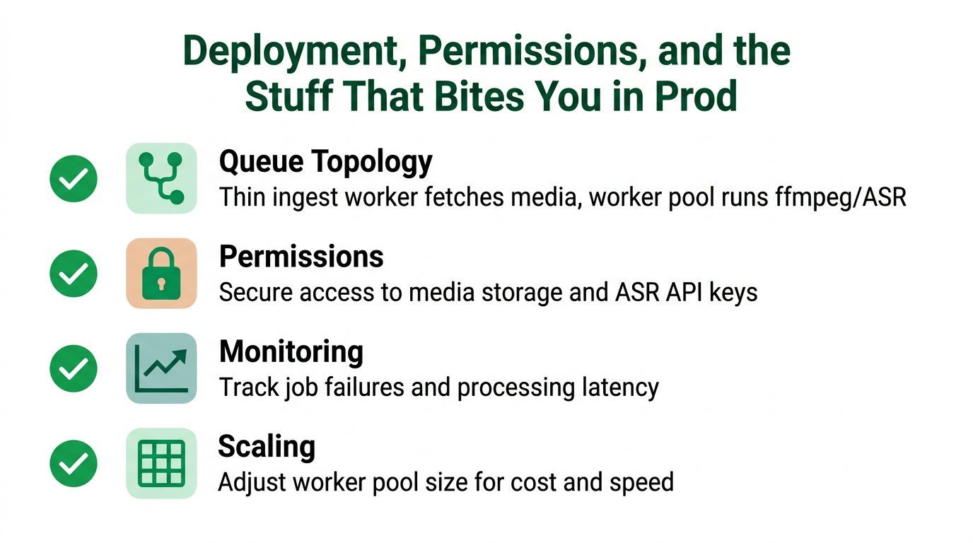 A slide outline showing key production deployment considerations including queue topology, permissions, monitoring, and scaling.