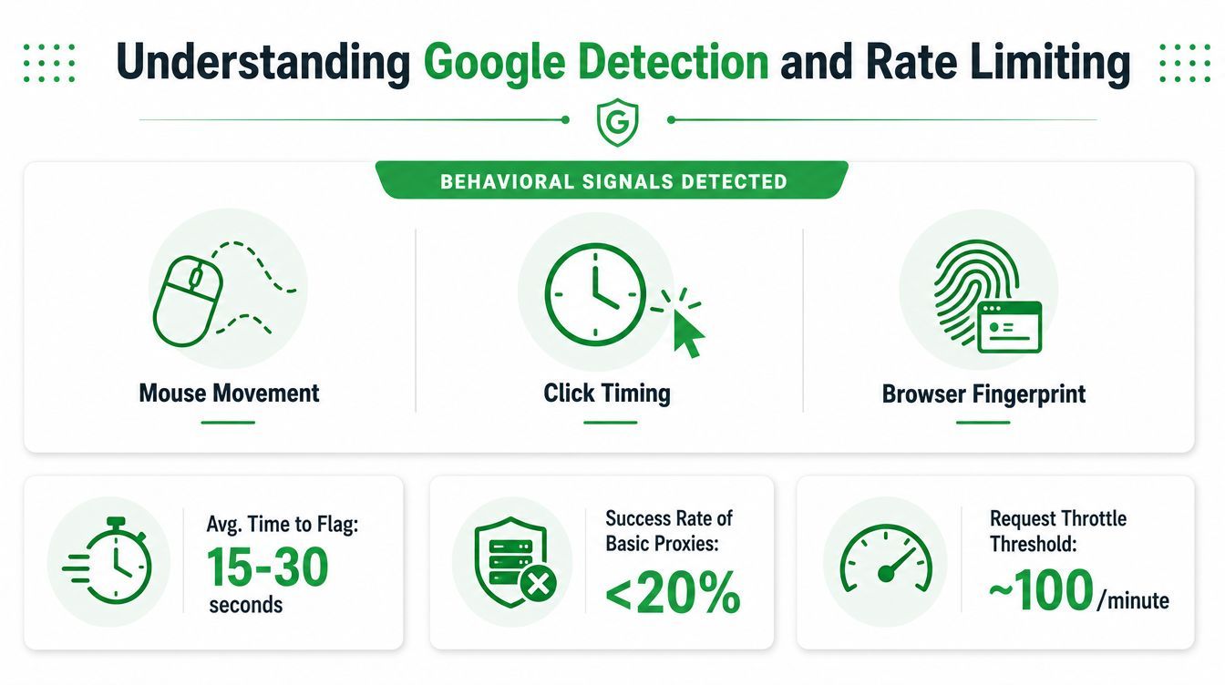 An infographic titled Understanding Google Detection and Rate Limiting, illustrating behavioral signals, proxy success rates, and request limits.