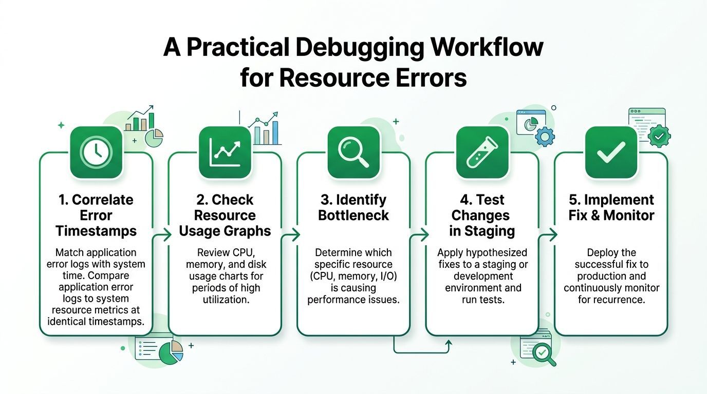 A five-step flowchart illustrating a practical debugging workflow for troubleshooting resource errors in technical applications.