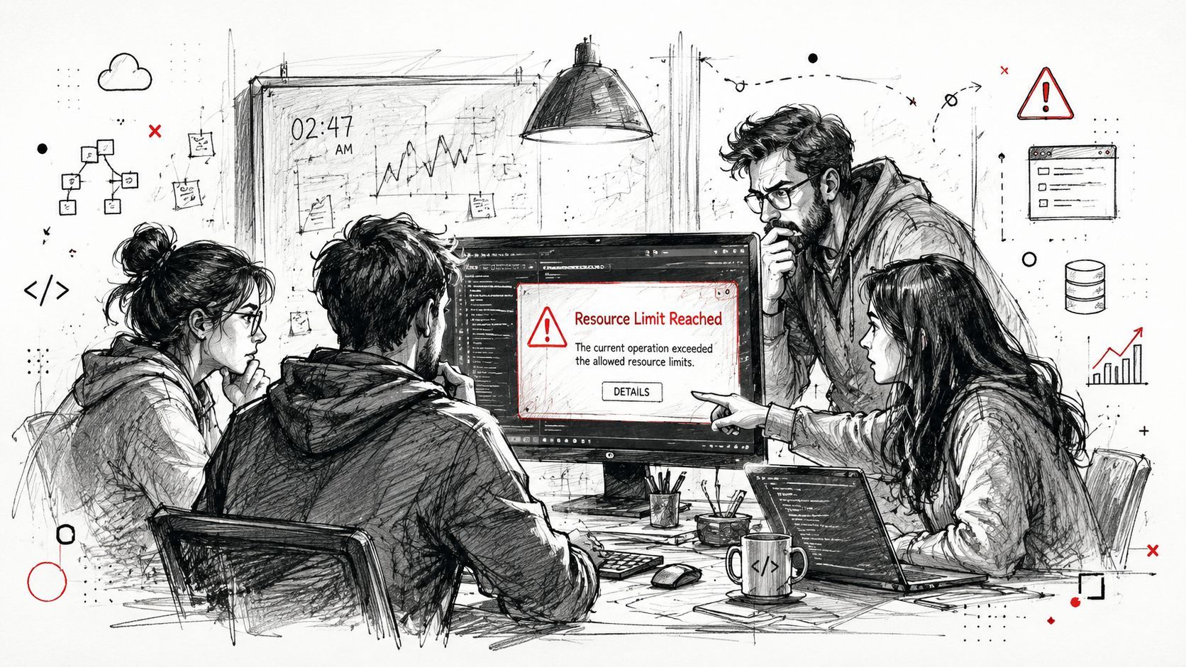 A team of software developers working together at a computer monitor showing a resource limit reached error.