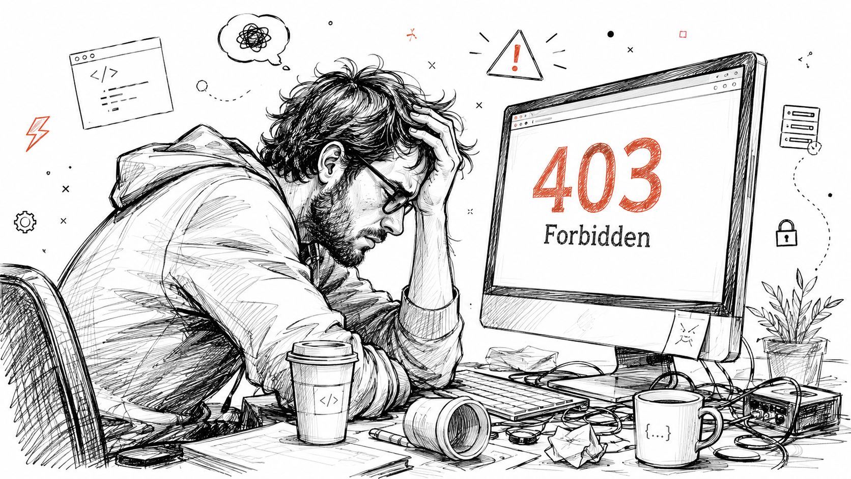 A stressed programmer sitting at a desk in front of a computer showing a 403 Forbidden error screen.
