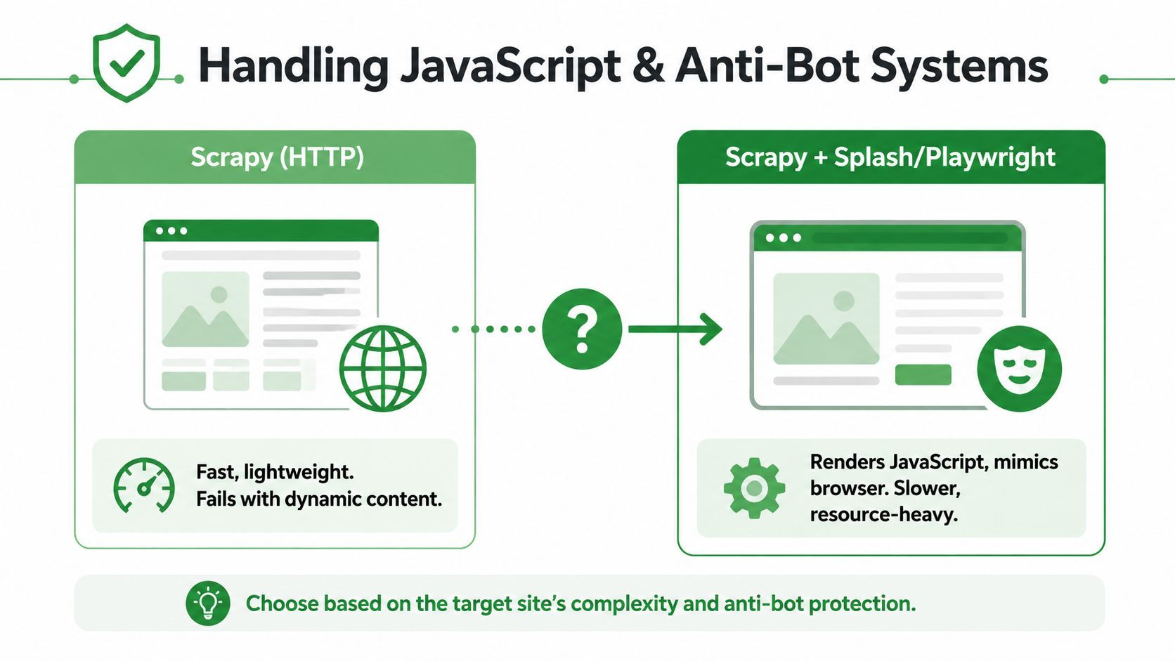 A comparison chart showing Scrapy HTTP and Scrapy with Splash or Playwright for handling web scraping tasks.