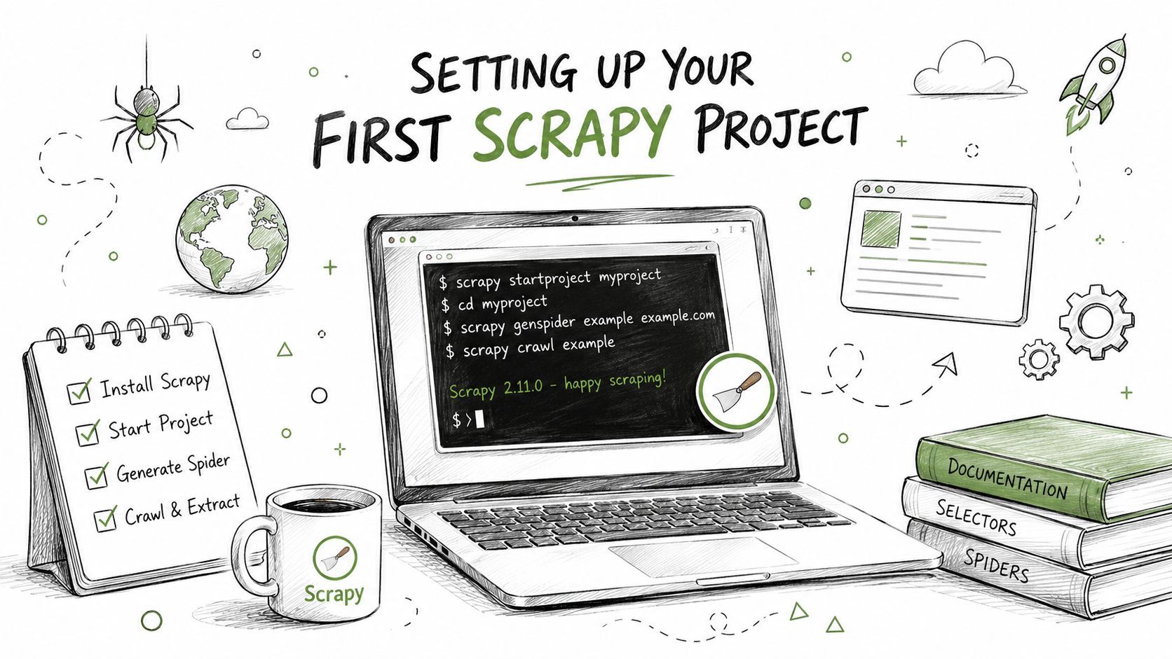 An illustrated workspace showing the steps to create a Scrapy project with commands on a laptop screen.