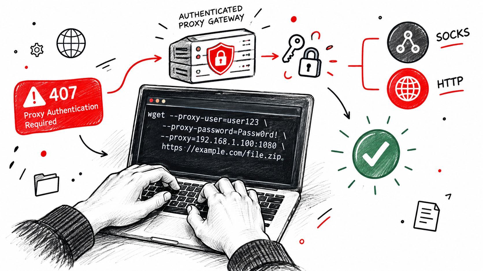 A digital illustration showing a person using wget command on a laptop to bypass proxy authentication requirements.