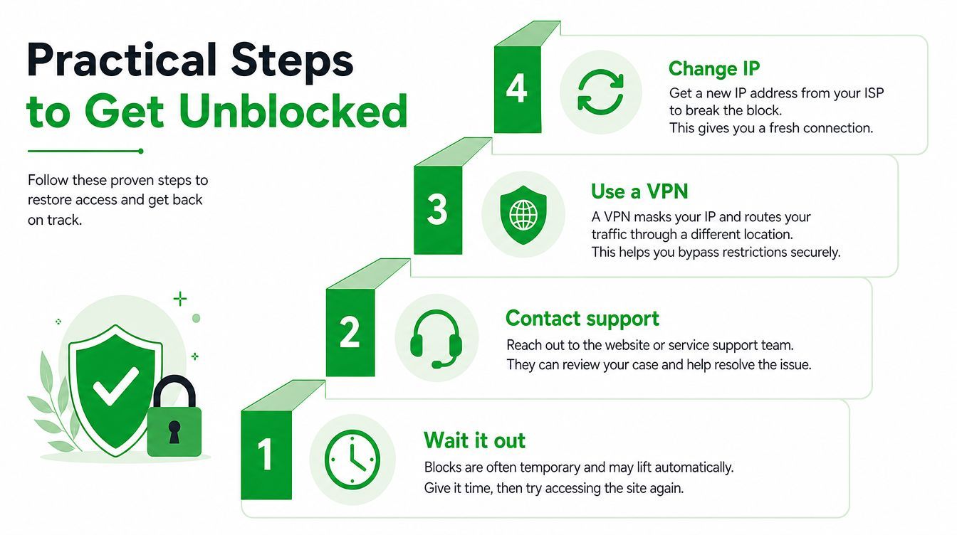 An infographic showing four practical steps to get unblocked from a website or online service.