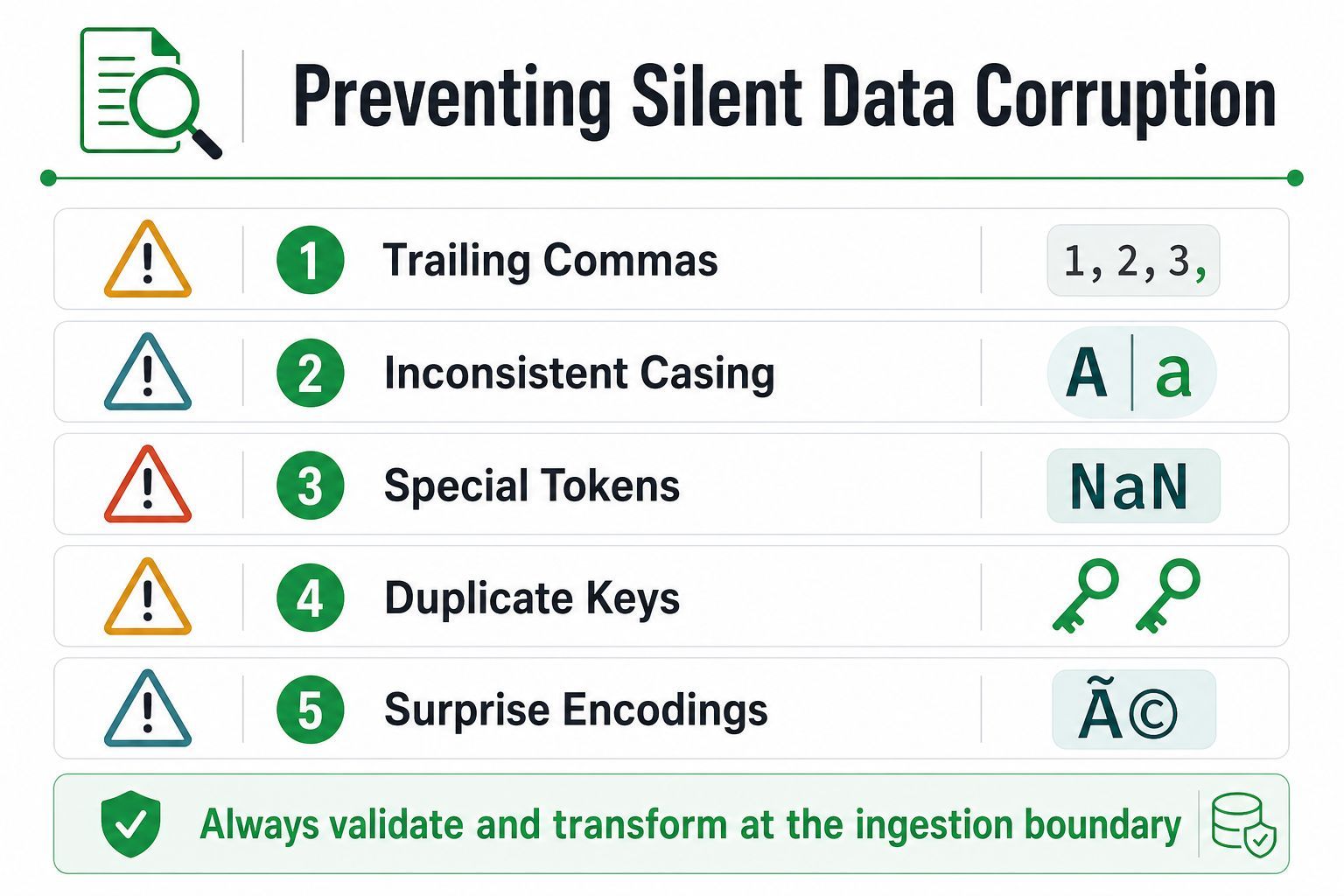 An infographic listing five common causes of silent data corruption such as trailing commas and inconsistent casing.