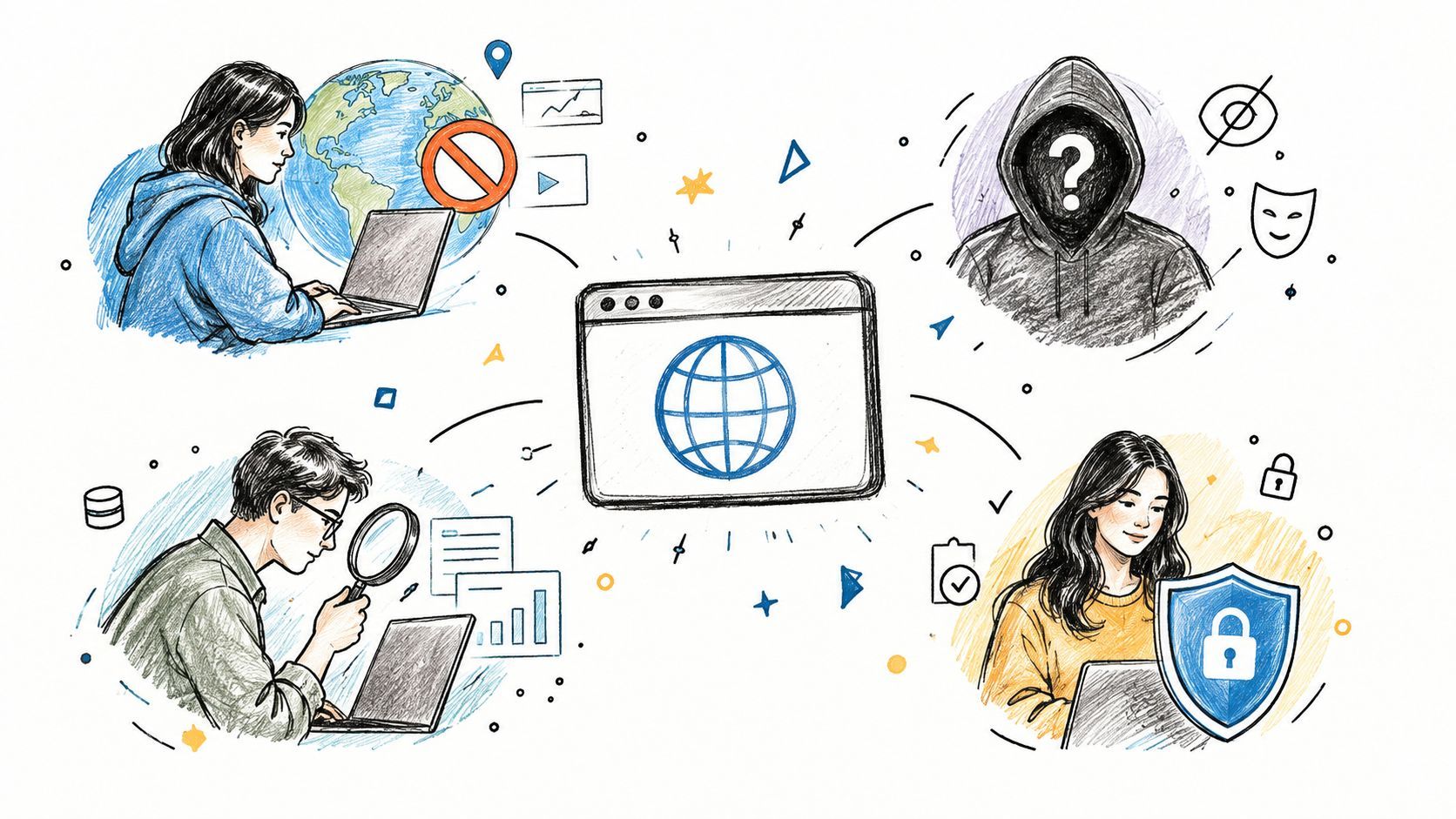 A hand-drawn illustration showing people using technology for various tasks like research, security, and online privacy.