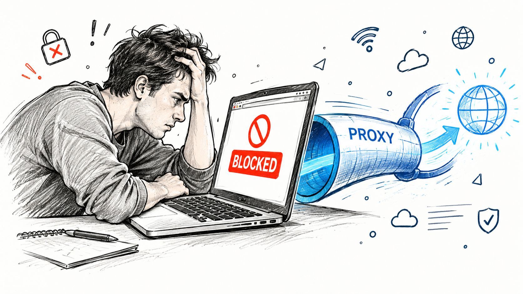 A frustrated man looking at a laptop screen with a blocked access notice, featuring a proxy tunnel illustration.