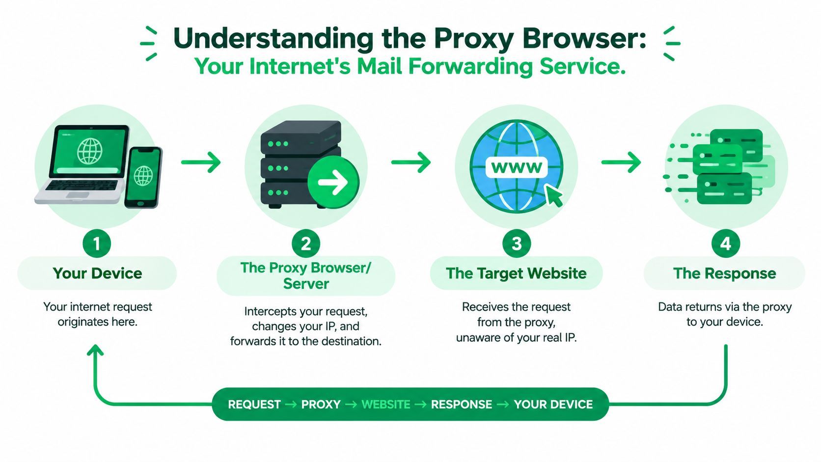 A diagram illustrating how a proxy browser forwards internet requests through a server to a target website.